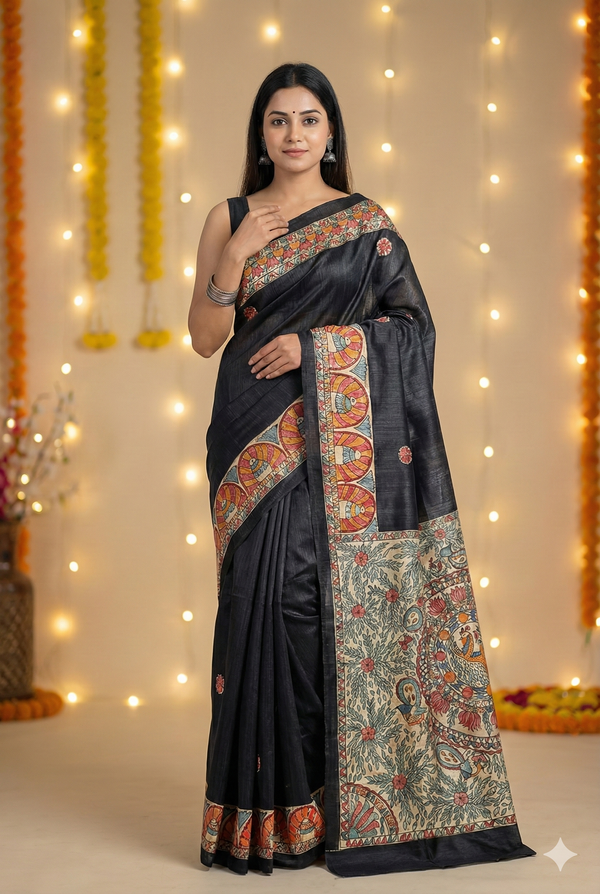 Hand-Painted Madhubani Saree with Mandala, Floral, and Paisley Motifs