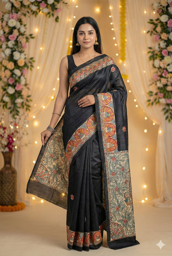 Hand-Painted Madhubani Saree with Mandala, Floral, and Paisley Motifs