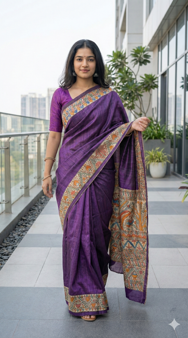 Hand-Painted Madhubani Saree with Tree of Life, Bird, and Floral Motifs
