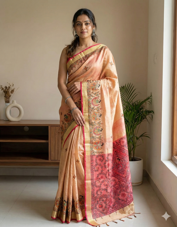Hand-Painted Madhubani Saree with Central Figurative Motif and Floral Borders