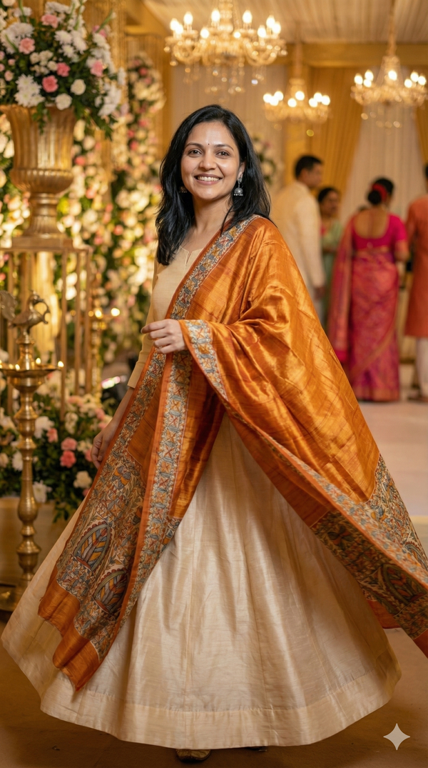 Hand-Painted Madhubani Women & Floral Motif Rust Tussar Ghicha Silk Dupatta