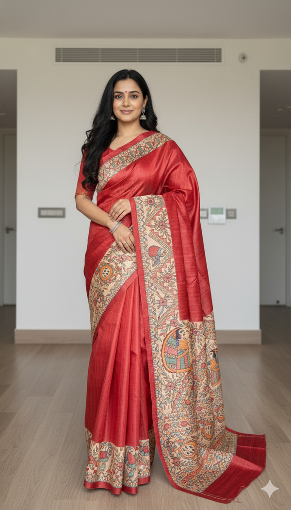 Hand-Painted Madhubani Saree with Mithila Vivaah and Fish Motifs