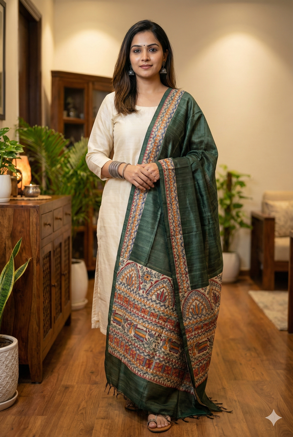 Hand-Painted Madhubani Fish & Lotus Motif Olive Green Tussar Ghicha Silk Dupatta