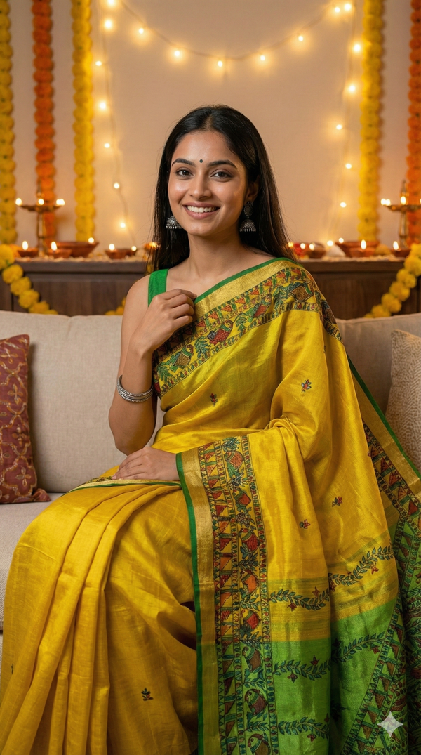 Hand-Painted Madhubani Saree with Fish, Floral Vines, and Geometric Border Motifs