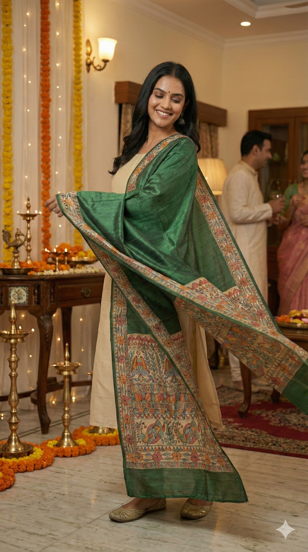 Hand-Painted Madhubani Bird & Floral Motif Forest Green Tussar Ghicha Silk Dupatta