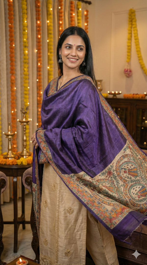 Hand-Painted Madhubani Women Motif Purple Tussar Ghicha Silk Dupatta