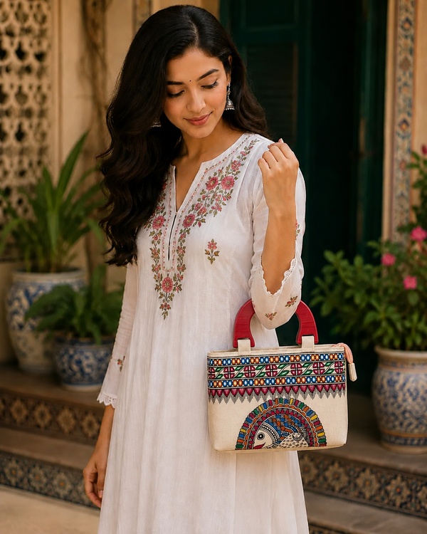 wooden Handle Design Madhubani Bag