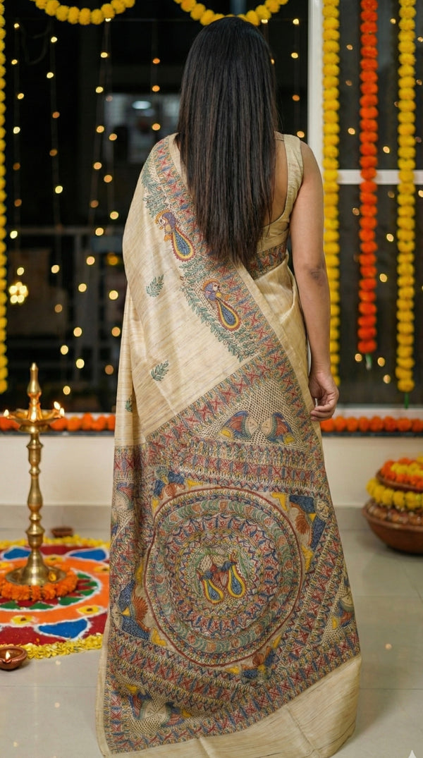 Hand-Painted Madhubani Saree with Peacock and Bird Motifs
