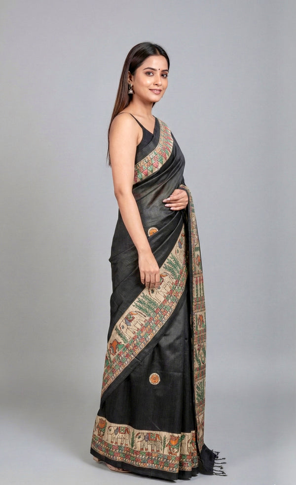 Hand-Painted Madhubani Saree with Elephant and Fish Motifs