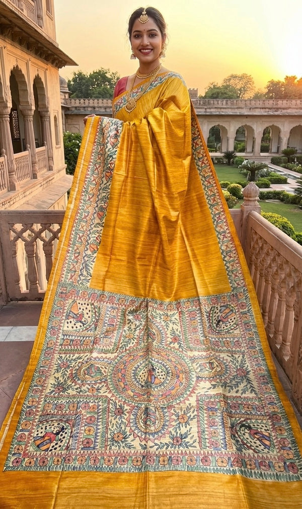 Hand-Painted Madhubani Saree with Peacock, Floral, and Geometric Motifs