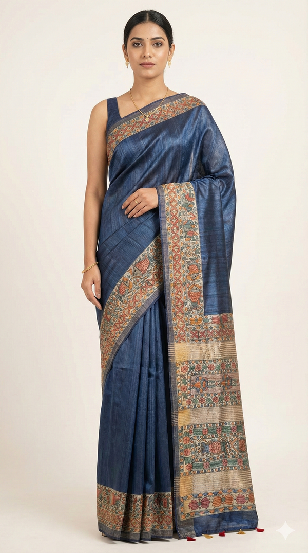 Hand-Painted Madhubani Saree with Floral and Bird Border Motifs
