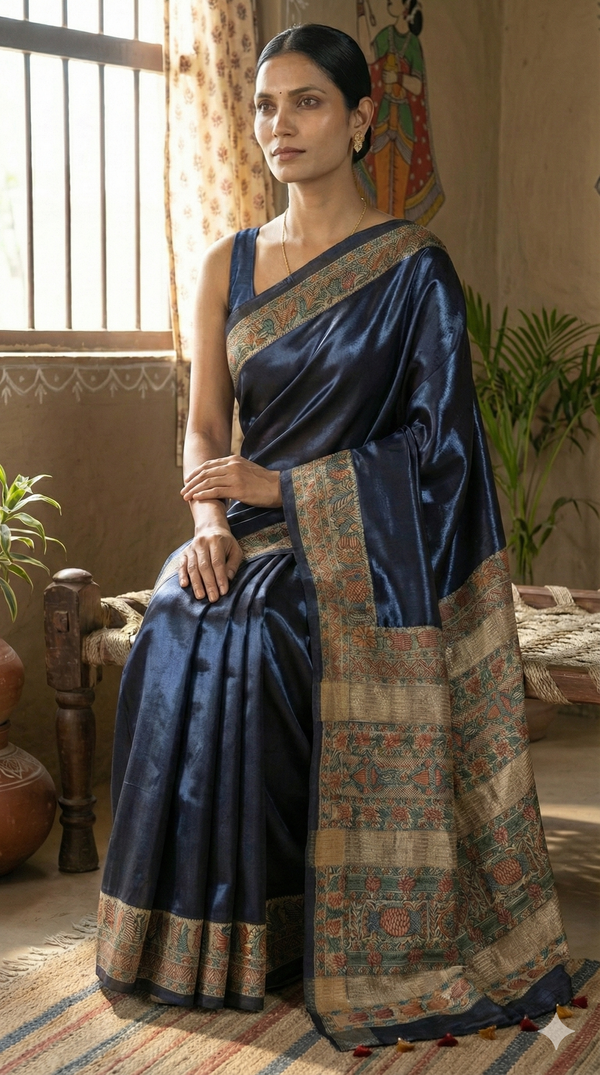 Hand-Painted Madhubani Saree with Floral and Bird Border Motifs