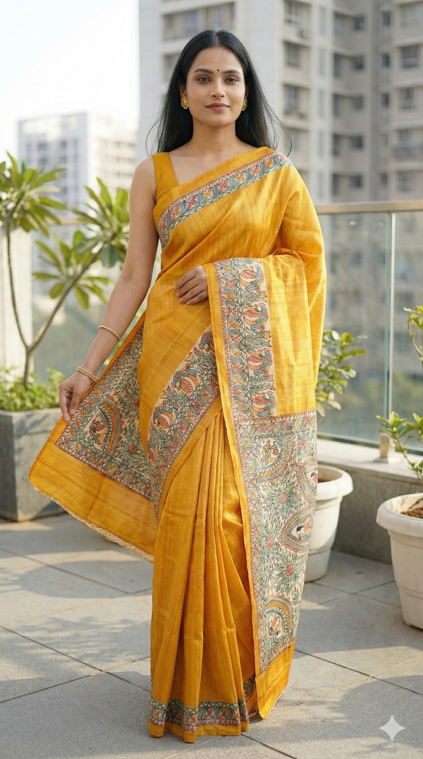 Hand-Painted Madhubani Saree with Floral Mandala and Bird Motifs