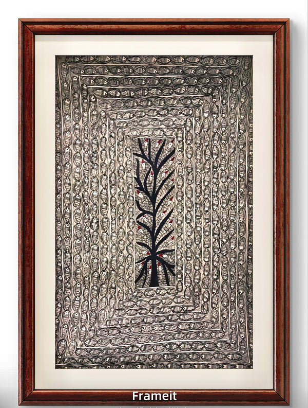 Handmade Madhubani Tree of Life & Fish Painting