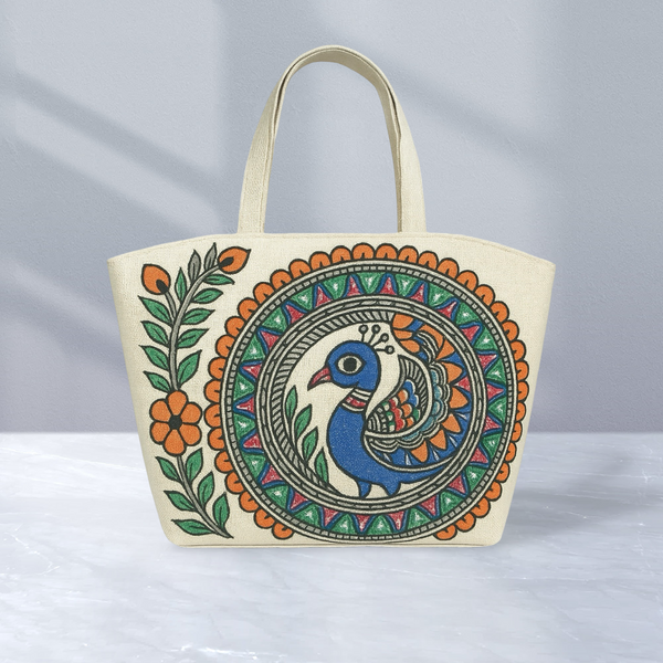 Madhubani Painted Handmade Tote Bag Peacock