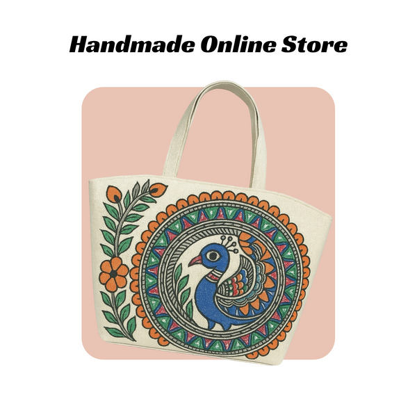 Madhubani Painted Handmade Tote Bag Peacock