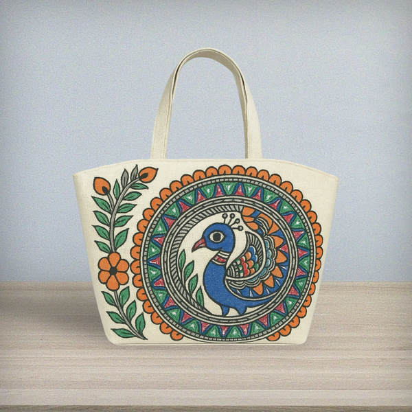 Madhubani Painted Handmade Tote Bag Peacock