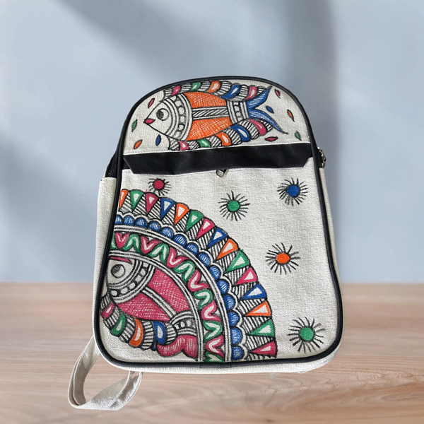 Madhubani Painted Handmade Backpack (with Fish Motifs)