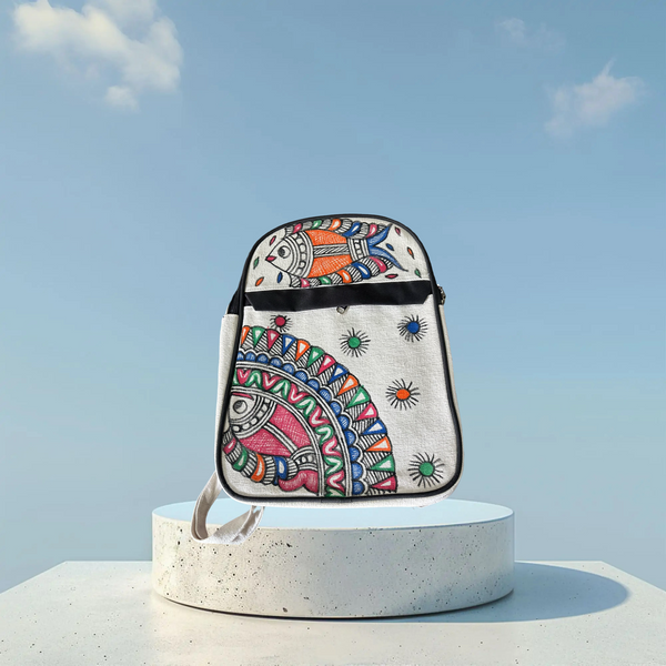 Madhubani Painted Handmade Backpack (with Fish Motifs)