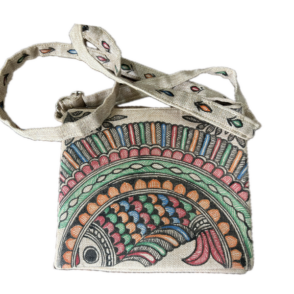 Madhubani Painted Handmade Cross-body Sling bag | Fish Design