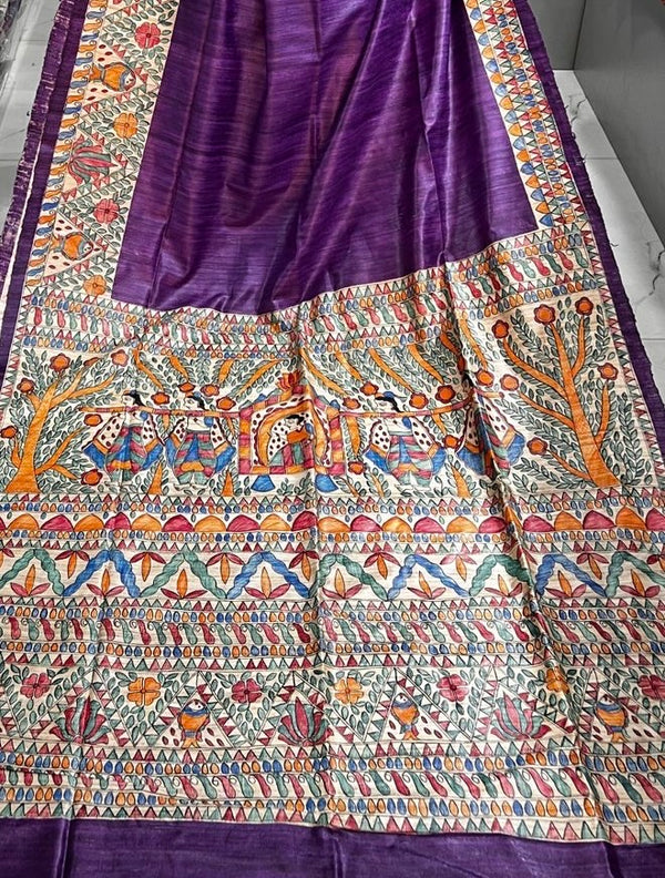 Hand-Painted Madhubani Saree with Tree of Life, Bird, and Floral Motifs