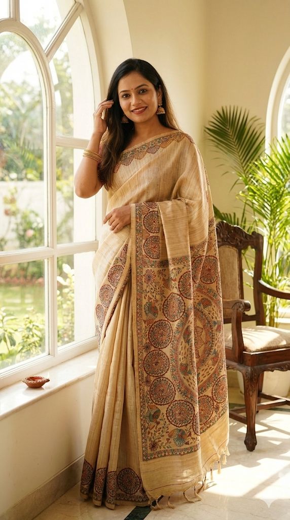 Hand-Painted Madhubani Saree with Mandala and Floral Motifs