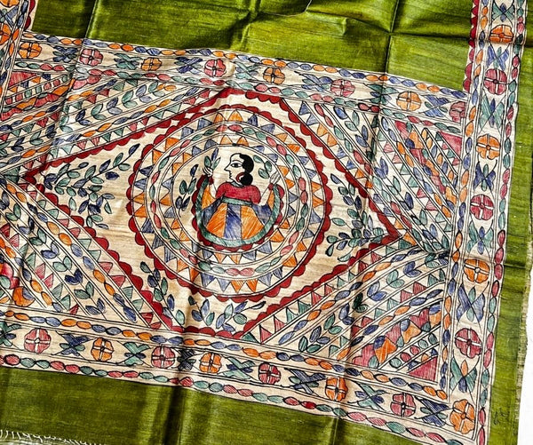 Hand-Painted Madhubani Women Motif Olive Green Tussar Ghicha Silk Dupatta