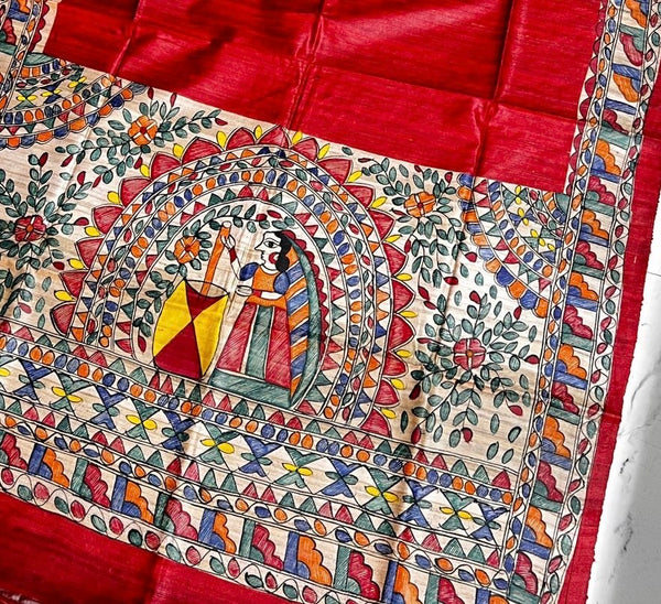 Hand-Painted Madhubani Radha–Krishna Motif Red Tussar Ghicha Silk Dupatta