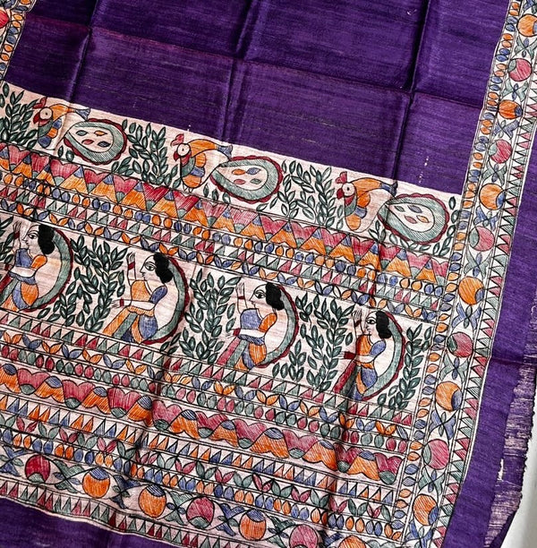 Hand-Painted Madhubani Women & Bird Motif Purple Tussar Ghicha Silk Dupatta