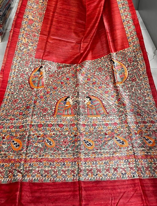 Hand-Painted Madhubani Saree with Mithila Vivaah and Floral Motifs