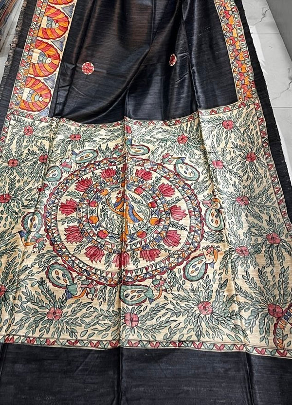 Hand-Painted Madhubani Saree with Mandala, Floral, and Paisley Motifs
