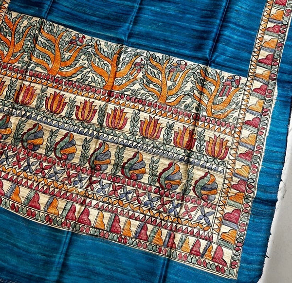 Hand-Painted Madhubani Tree & Bird Motif Teal Blue Tussar Ghicha Silk Dupatta