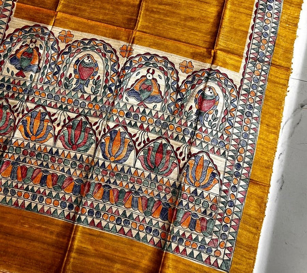 Hand-Painted Madhubani Bird & Lotus Motif Mustard Yellow Tussar Ghicha Silk Dupatta