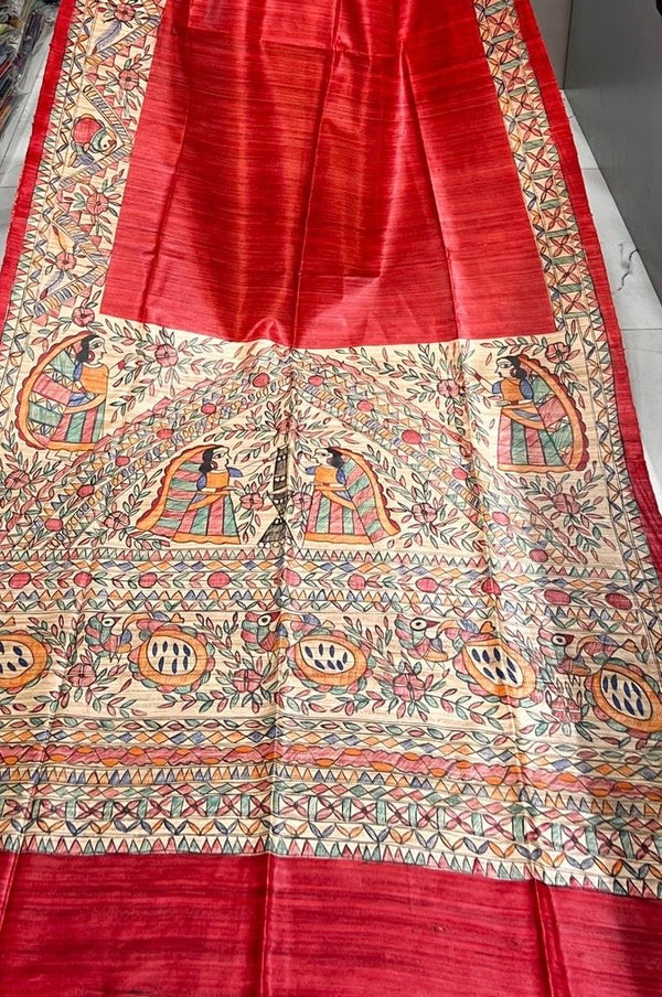 Hand-Painted Madhubani Saree with Mithila Vivaah and Fish Motifs