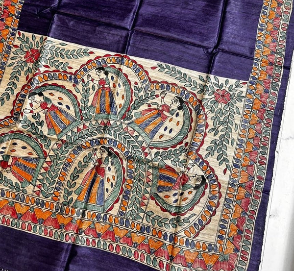 Hand-Painted Madhubani Women Motif Purple Tussar Ghicha Silk Dupatta