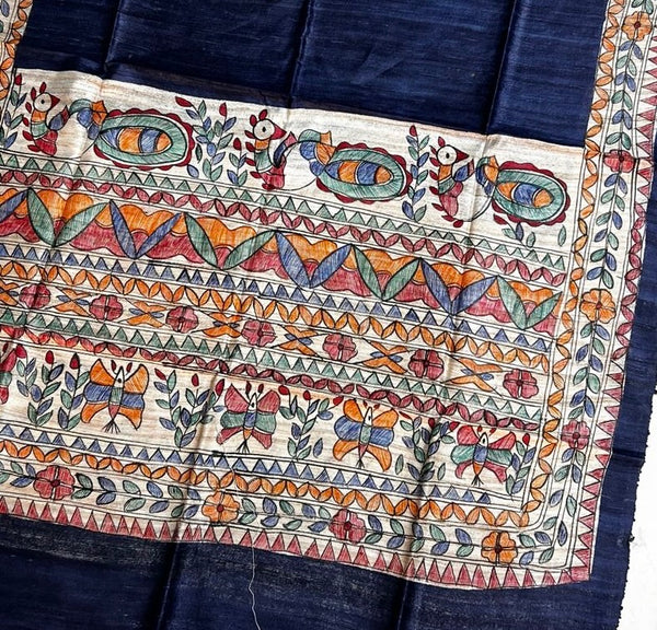 Hand-Painted Madhubani Fish & Bird Motif Indigo Blue Tussar Ghicha Silk Dupatta