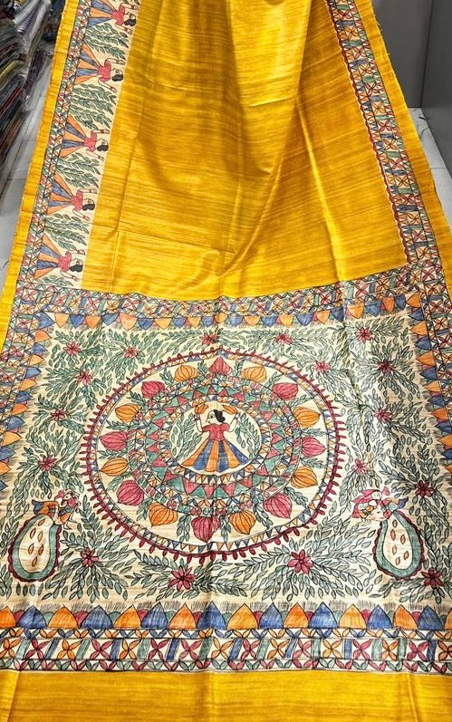 Hand-Painted Madhubani painting saree with dancing figure and floral mandala motifs