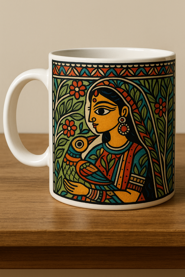 Woman with peacock mug
