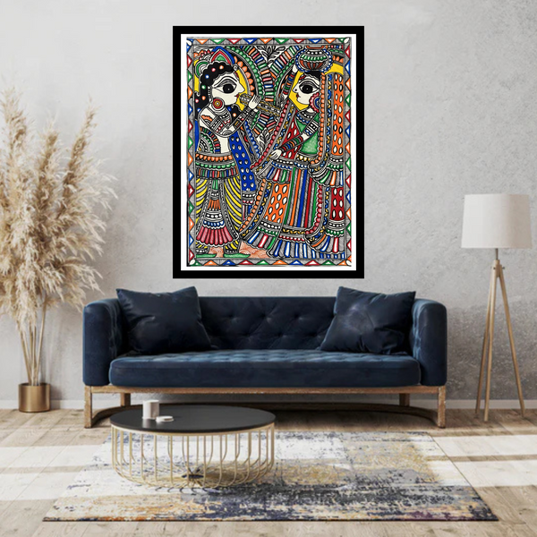 Radha Krishna playful Madhubani painting