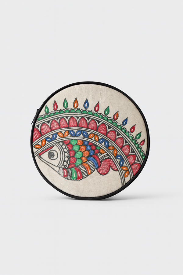 Madhubani painting round sling handbag with fish eye