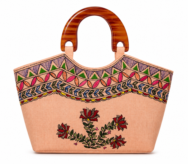Madhubani Painted handmadeTote Bag with wooden Handle