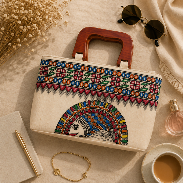 wooden Handle Madhubani Bag