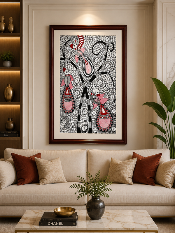 Handmade Madhubani Birds on Tree Painting