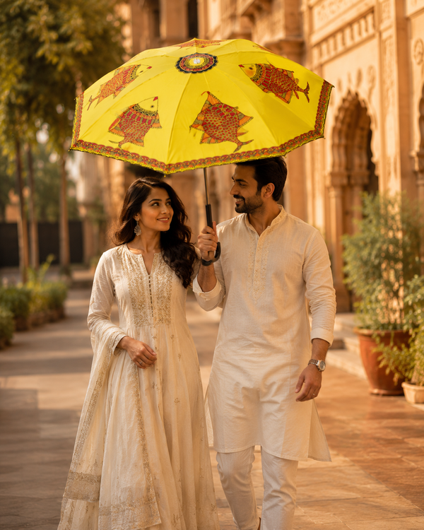 Hand-Painted Madhubani Fish Art Umbrella – Yellow | Waterproof Traditional Mithila Umbrella