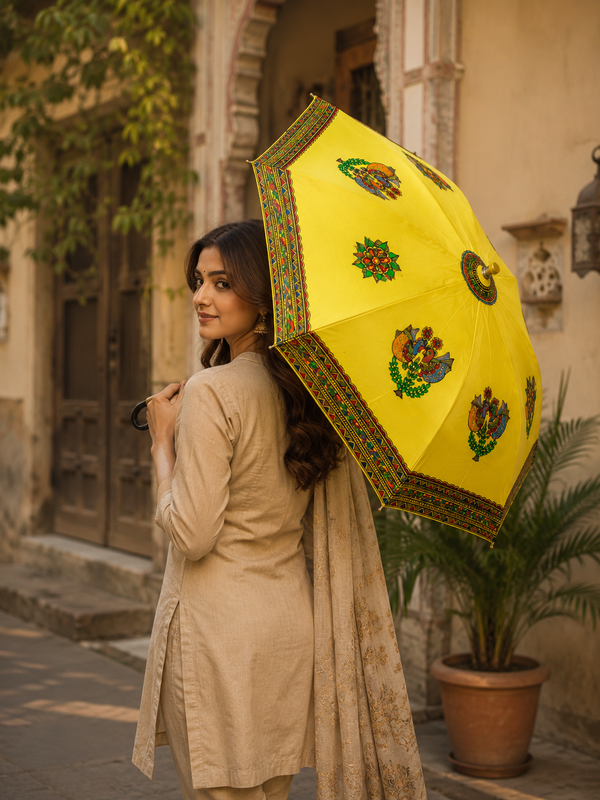 Hand-Painted Madhubani Love Birds Umbrella – Yellow | Traditional Mithila Art Waterproof Umbrella