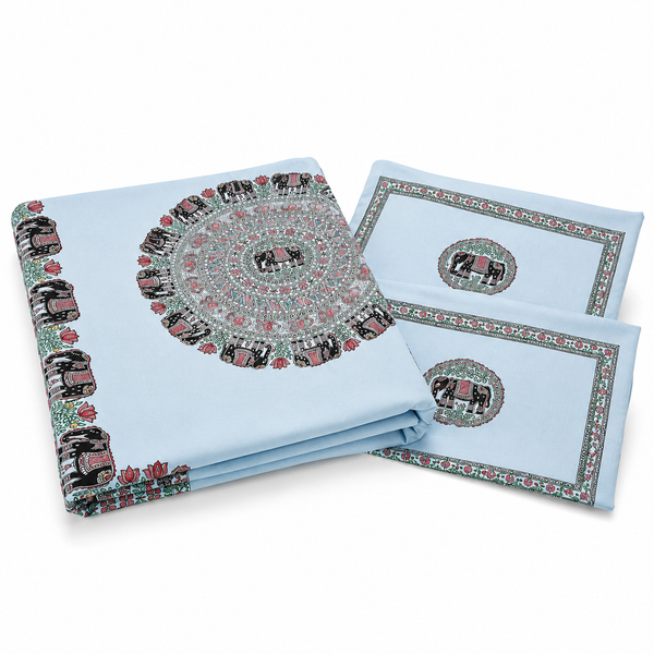 Luxury White Elephant Hand-Painted Madhubani Bedsheet with Matching Pillow Covers