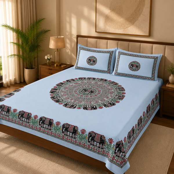 Luxury White Elephant Hand-Painted Madhubani Bedsheet with Matching Pillow Covers