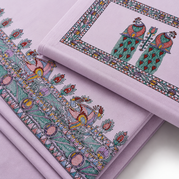 Luxury Hand-Painted Madhubani Peacock Bedsheet with Matching Pillow Covers