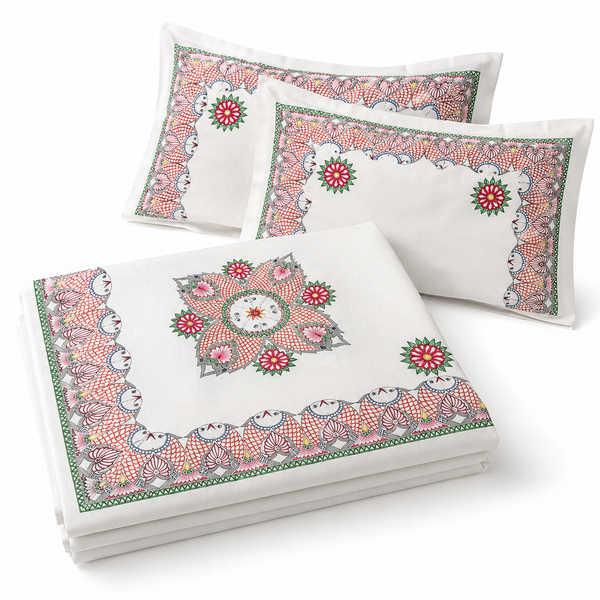 Luxury Hand-Painted Madhubani Bedsheet with Matching Pillow Covers