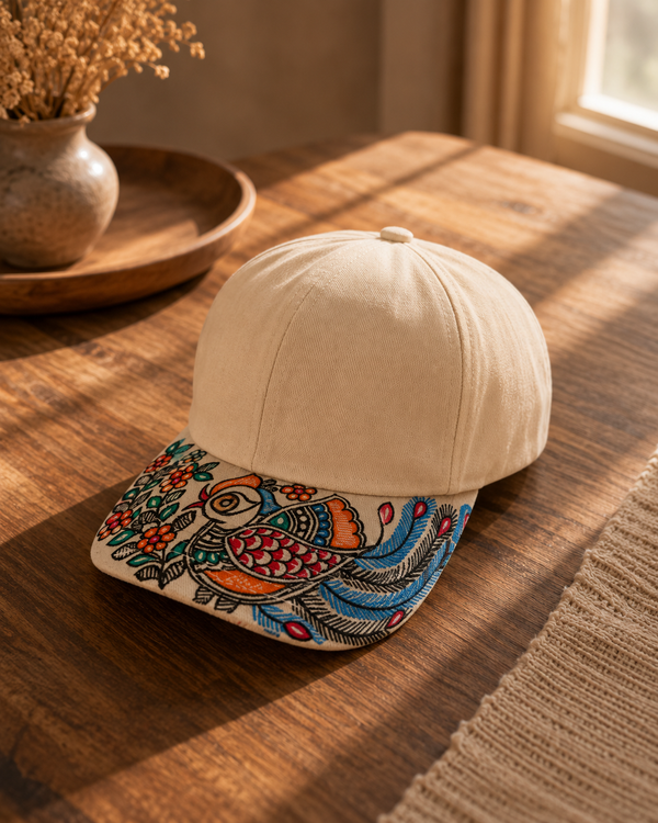 Luxury Unisex Hand-Painted Madhubani Bird Art Cap